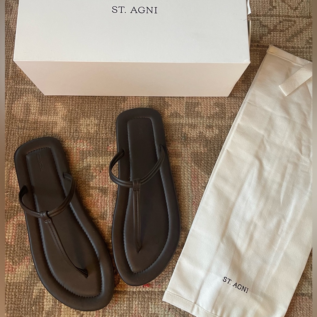 St. Agni Women’s Brown Leather T-Strap Flip Flops